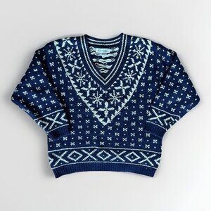 Vintage Illustrations Nordic 100% Shetland Wool Sweater Women's Size Small Blue